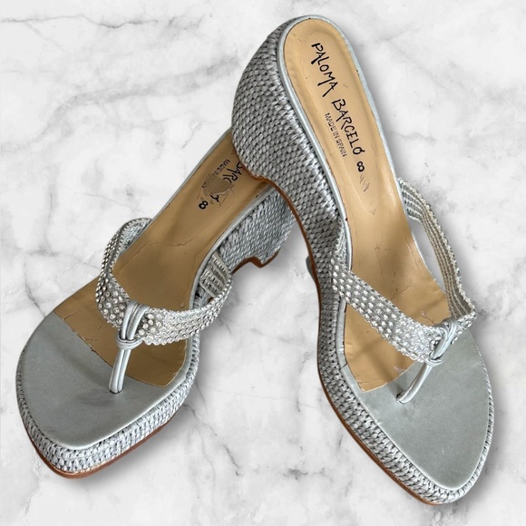 Paloma Barcelo Silver Rhinestone Thong Wedge Platform Sandals Euro 38 US Size 8 - Picture 2 of 12